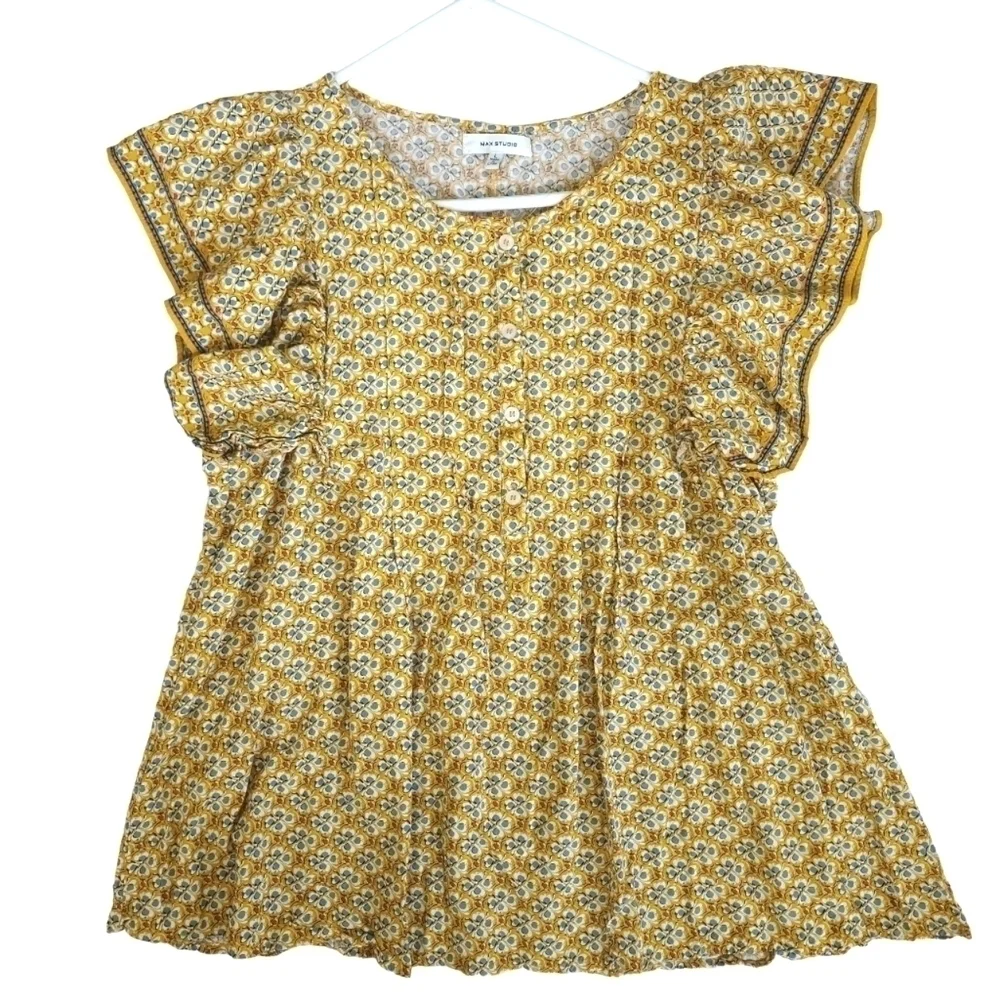 MAX Studio Gold and Blue Flutter Sleeve Top - Picture 1 of 8